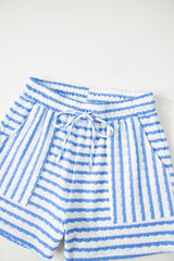 Sky Blue Stripe Knitted Short Sleeve Top and Drawstring Shorts Set Short Sets JT's Designer Fashion