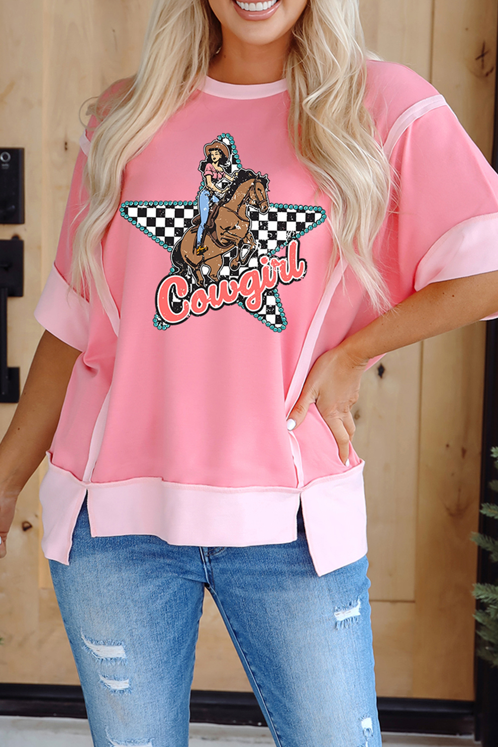 Peach Blossom Cowgirl Checkered Star Shape Print Exposed Seam T Shirt Graphic Tees JT's Designer Fashion