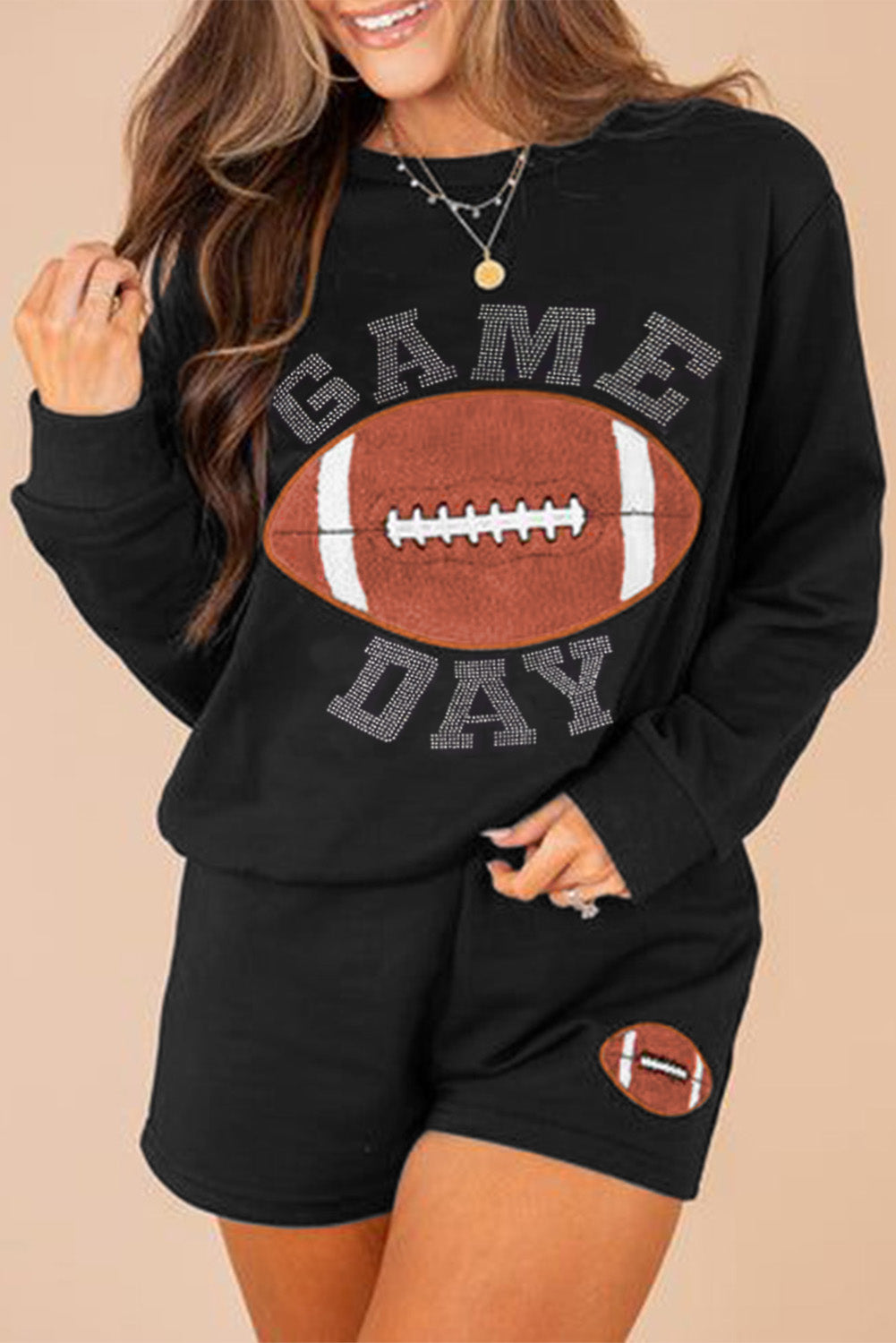Black GAME DAY Rugby Football Graphic Pullover and Shorts Casual Outfit Black 65%Polyester+35%Cotton Short Sets JT's Designer Fashion