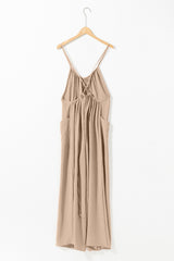 Apricot Spaghetti Straps Waist Tie Wide Leg Jumpsuit with Pockets Bottoms JT's Designer Fashion