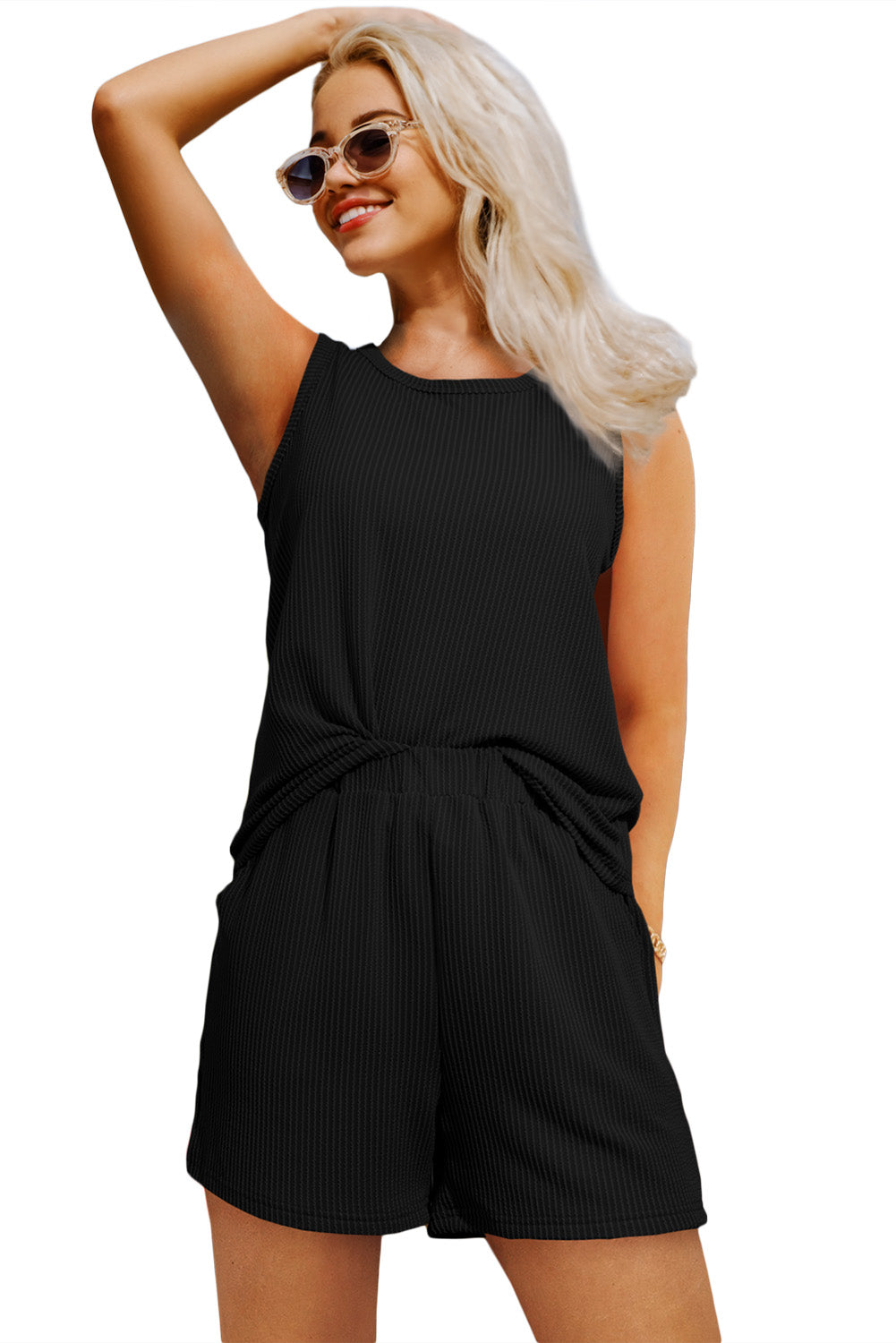 Black Corded Sleeveless Top and Pocketed Shorts Set Short Sets JT's Designer Fashion
