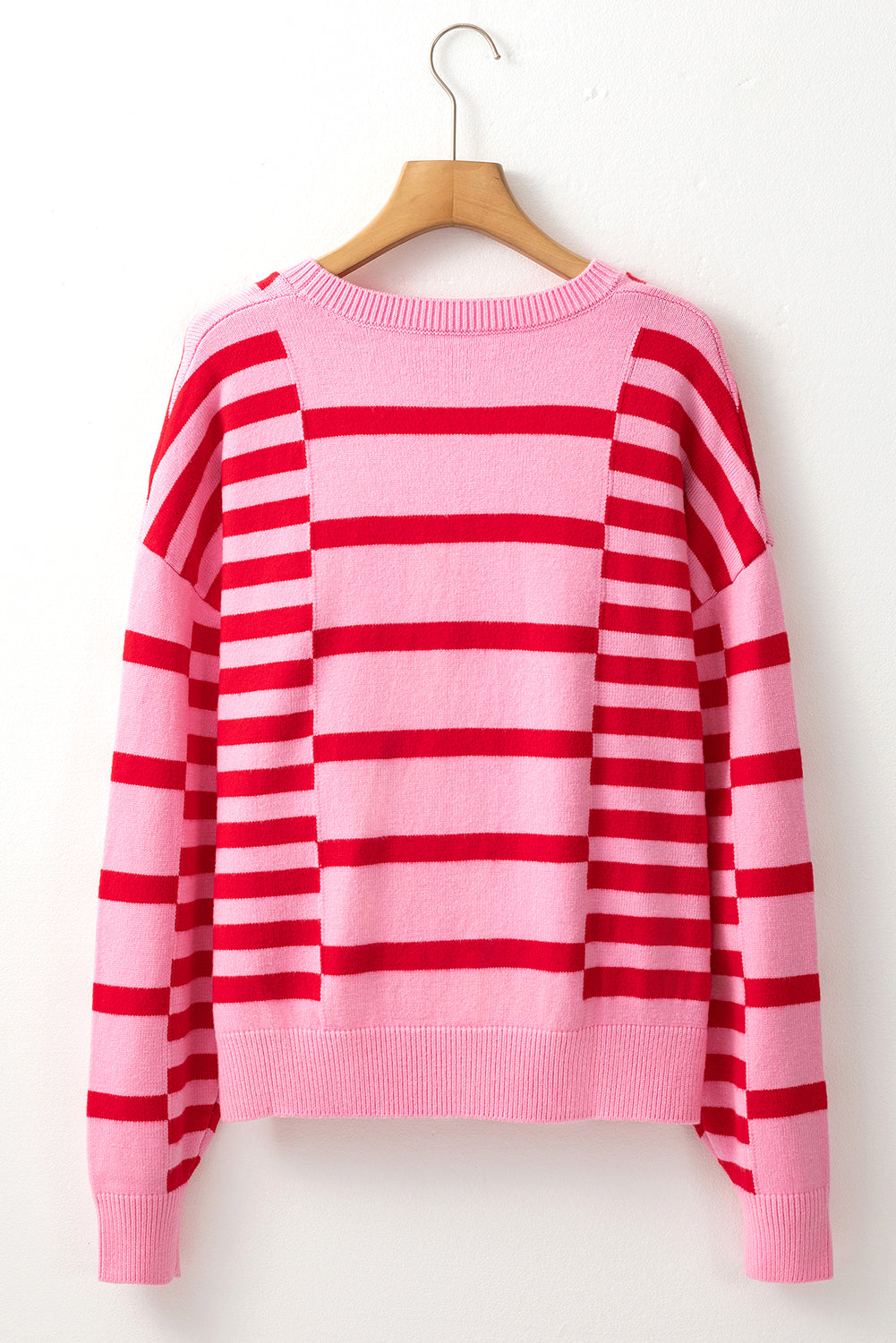 Pink Stripe Bubble Sleeve Drop Shoulder Ribbed Trim Sweater Sweaters JT's Designer Fashion