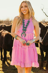 Pink Smocked Neck Knot Back Frilly Tiered Sleeveless Mini Dress Mini Dresses JT's Designer Fashion