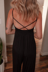 Black Spaghetti Straps Open Back Pleated Wide Leg Jumpsuit Jumpsuits & Rompers JT's Designer Fashion