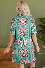 Mint Green Geometric Butterfly Print Split Neck Short Sleeve Dress Mini Dresses JT's Designer Fashion