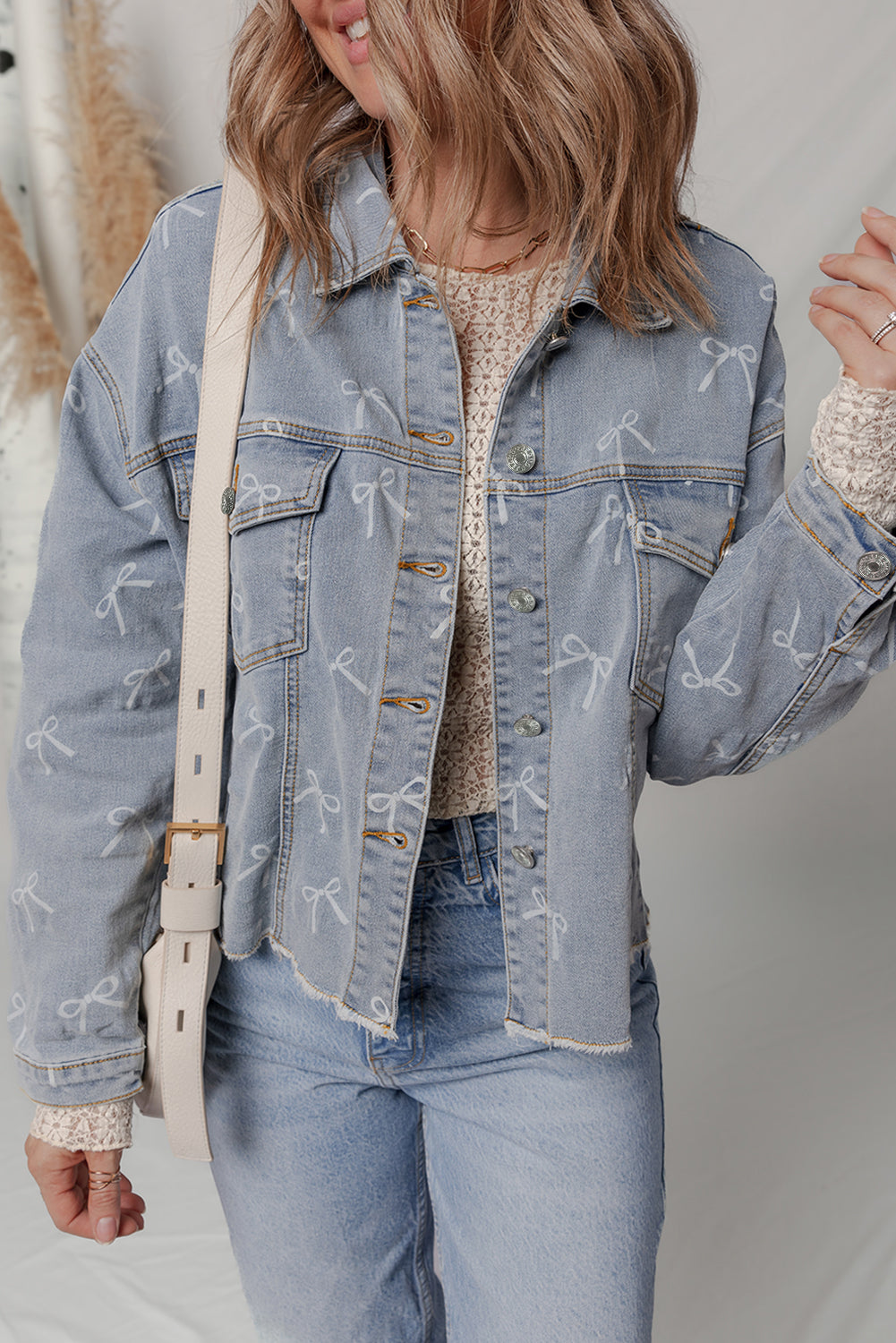 Sky Blue Bow Knot Print Light Wash Raw Hem Denim Jacket Denim Jackets JT's Designer Fashion