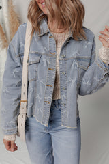 Sky Blue Bow Knot Print Light Wash Raw Hem Denim Jacket Denim Jackets JT's Designer Fashion