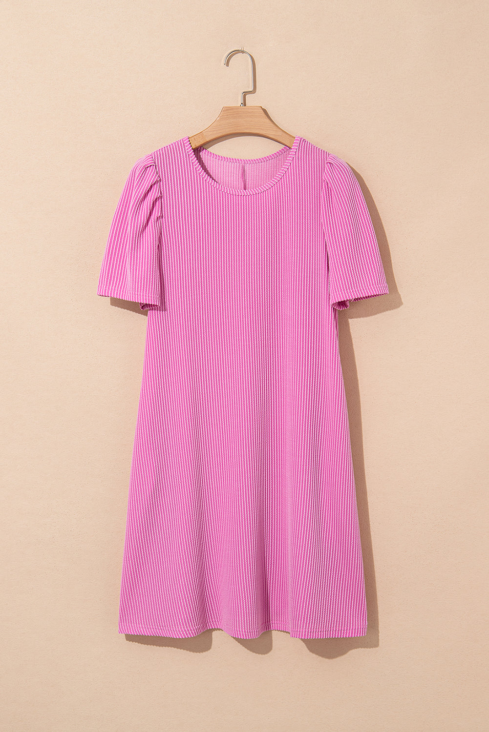 Bright Pink Corded Knit Crew Neck Puff Sleeve Shift Mini Dress T Shirt Dresses JT's Designer Fashion