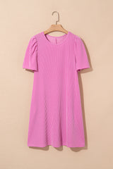 Bright Pink Corded Knit Crew Neck Puff Sleeve Shift Mini Dress T Shirt Dresses JT's Designer Fashion