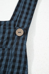 Sail Blue Plaid Print Buttoned Pocketed High Waist Overall Jumpsuits & Rompers JT's Designer Fashion