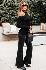 Black Ribbed Knit Cold Shoulder Choker Neck Sweater Sweaters JT's Designer Fashion