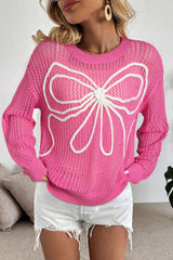 Sachet Pink Sweet Bow Decor Hollow Out Knitted Drop Shoulder Sweater Sachet Pink 100%Acrylic Sweaters JT's Designer Fashion