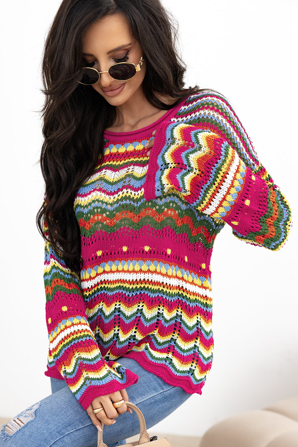 Rose Red Colorblock Striped Hollowed Knit Loose Sleeve Sweater Sweaters JT's Designer Fashion