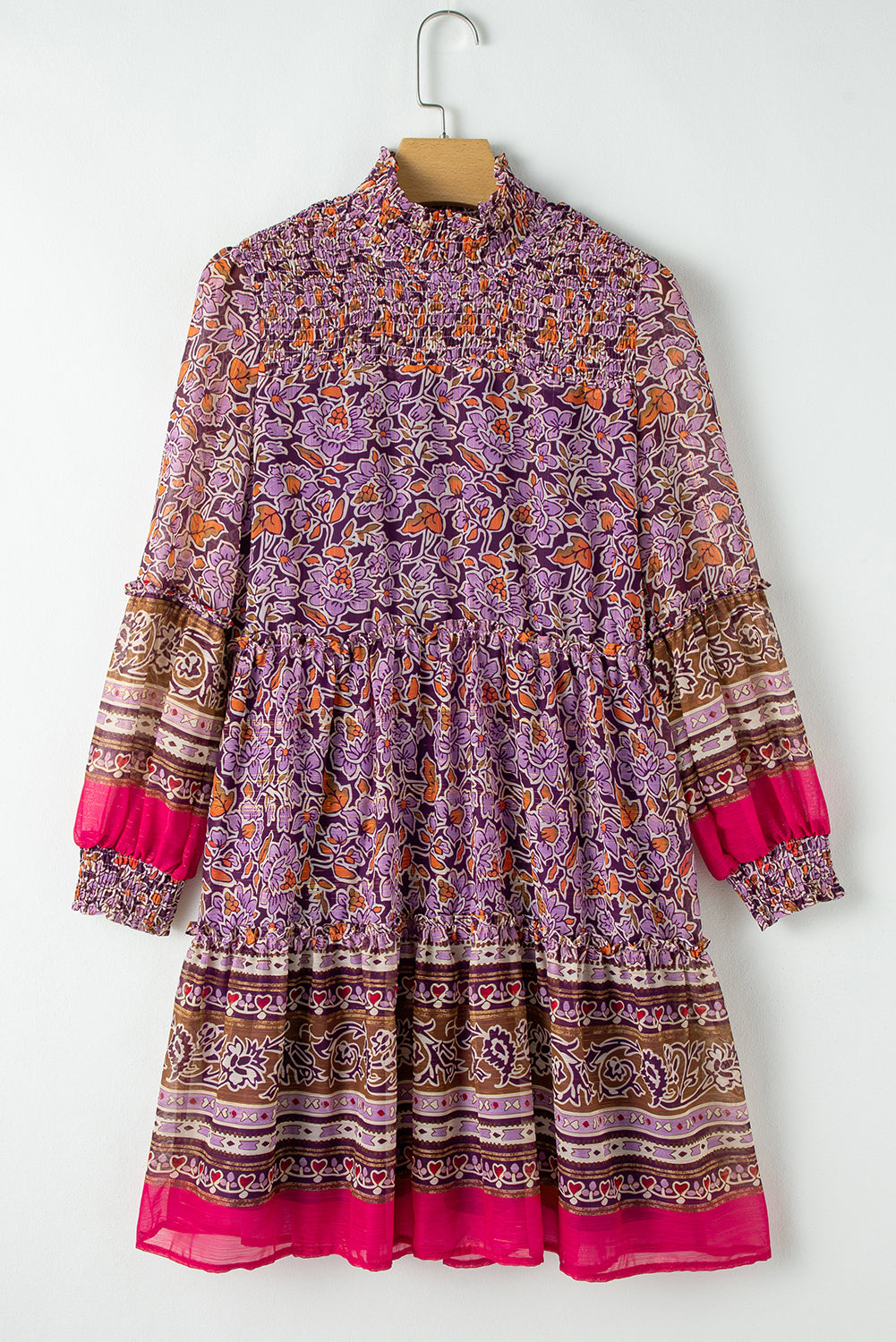 Purple Floral Smocked Puff Sleeve High Neck Mini Dress Floral Dresses JT's Designer Fashion