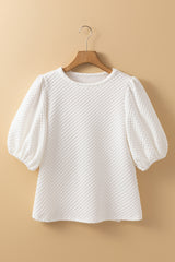 White Solid Textured O Neck Puff Sleeve Blouse Blouses & Shirts JT's Designer Fashion