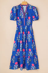 Sky Blue Floral Puff Short Sleeve V Neck High Waist Maxi Dress Floral Dresses JT's Designer Fashion