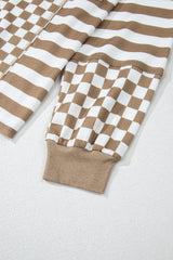 Khaki Checkerboard Striped Patchwork Lantern Sleeve Pocketed Blouse Long Sleeve Tops JT's Designer Fashion