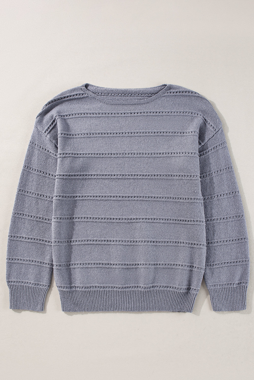 Light Grey Boat Neck Drop Shoulder Pointelle Knit Sweater Sweaters JT's Designer Fashion
