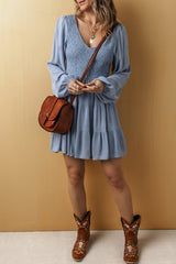 Ashleigh Blue Long Sleeve V Neck Smocked Tiered Mini Dress Mini Dresses JT's Designer Fashion