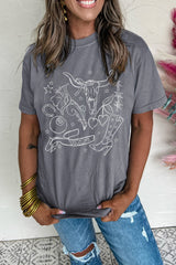 Gray Cowgirl Boots OX Head Western Fashion Print Crewneck Tee Graphic Tees JT's Designer Fashion