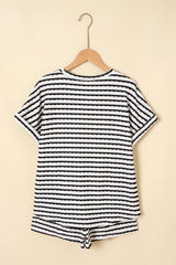 Black Stripe Knitted Short Sleeve Top and Drawstring Shorts Set Short Sets JT's Designer Fashion