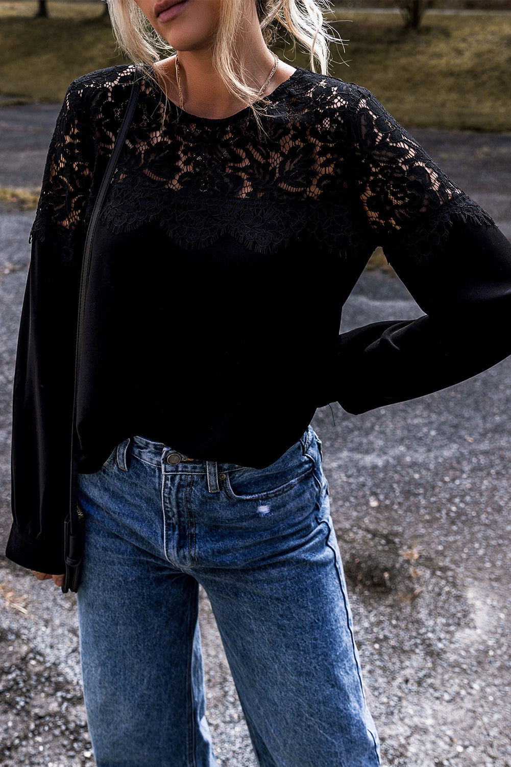 Black Lace Crochet Patchwork O Neck Long Sleeve Top Long Sleeve Tops JT's Designer Fashion