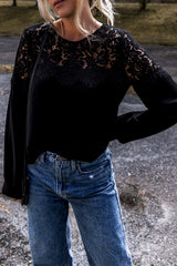 Black Lace Crochet Patchwork O Neck Long Sleeve Top Long Sleeve Tops JT's Designer Fashion