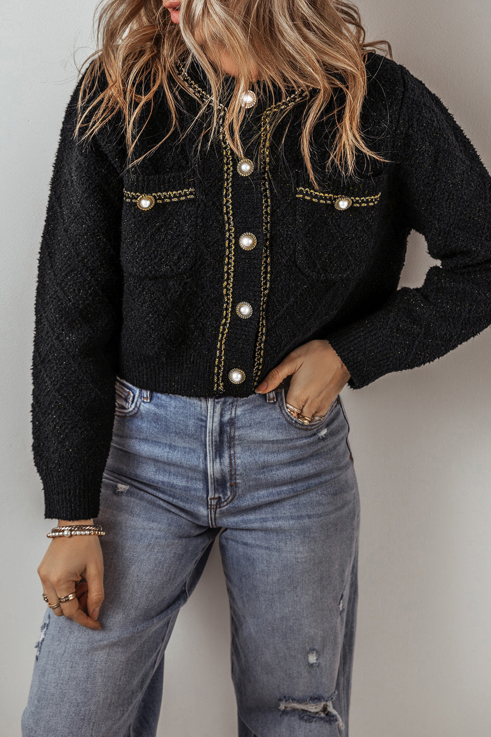Black Shimmer Flap Pocket Button up Cardigan Black 100%Polyester Cardigans JT's Designer Fashion