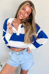 Blue Stripe Colorblock Polo Collar Eyelet Crochet Knitted Sweater Sweaters JT's Designer Fashion