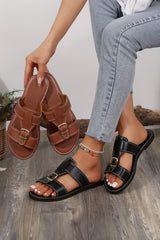 Coffee Buckle Decor Dual Bands Leather Flat Slippers Slippers JT's Designer Fashion