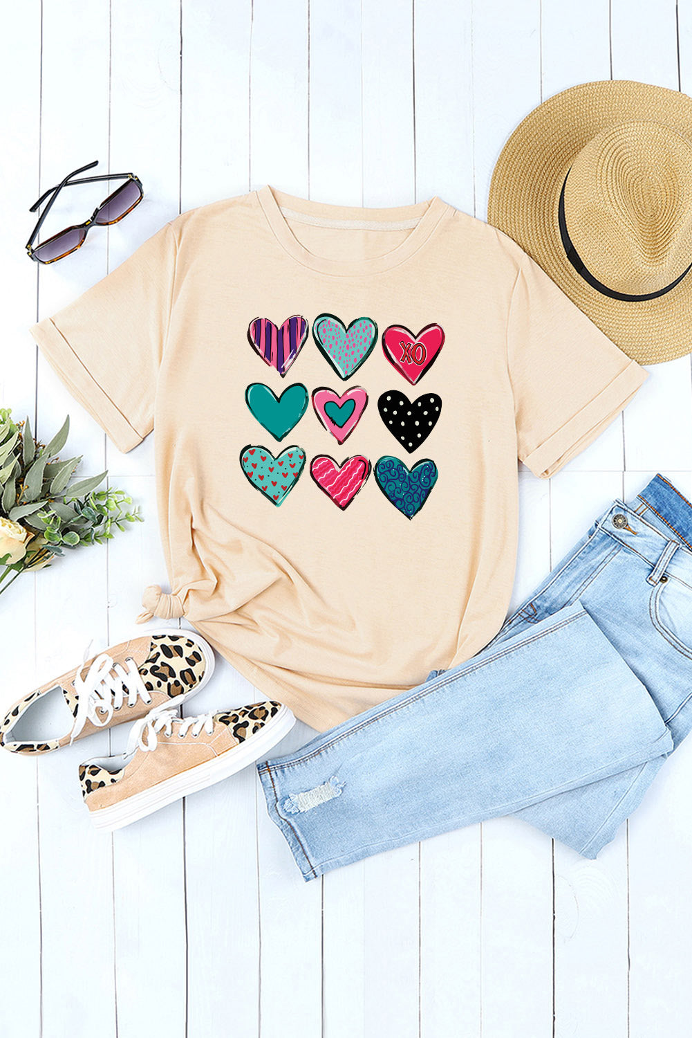 Khaki Valentines Multi Pattern Heart Shape Graphic T Shirt Graphic Tees JT's Designer Fashion