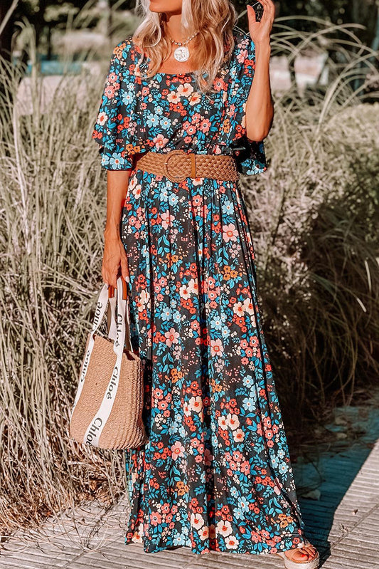 Sky Blue Floral Knotted Back Square Neck Maxi Dress Sky Blue 100%Viscose Floral Dresses JT's Designer Fashion