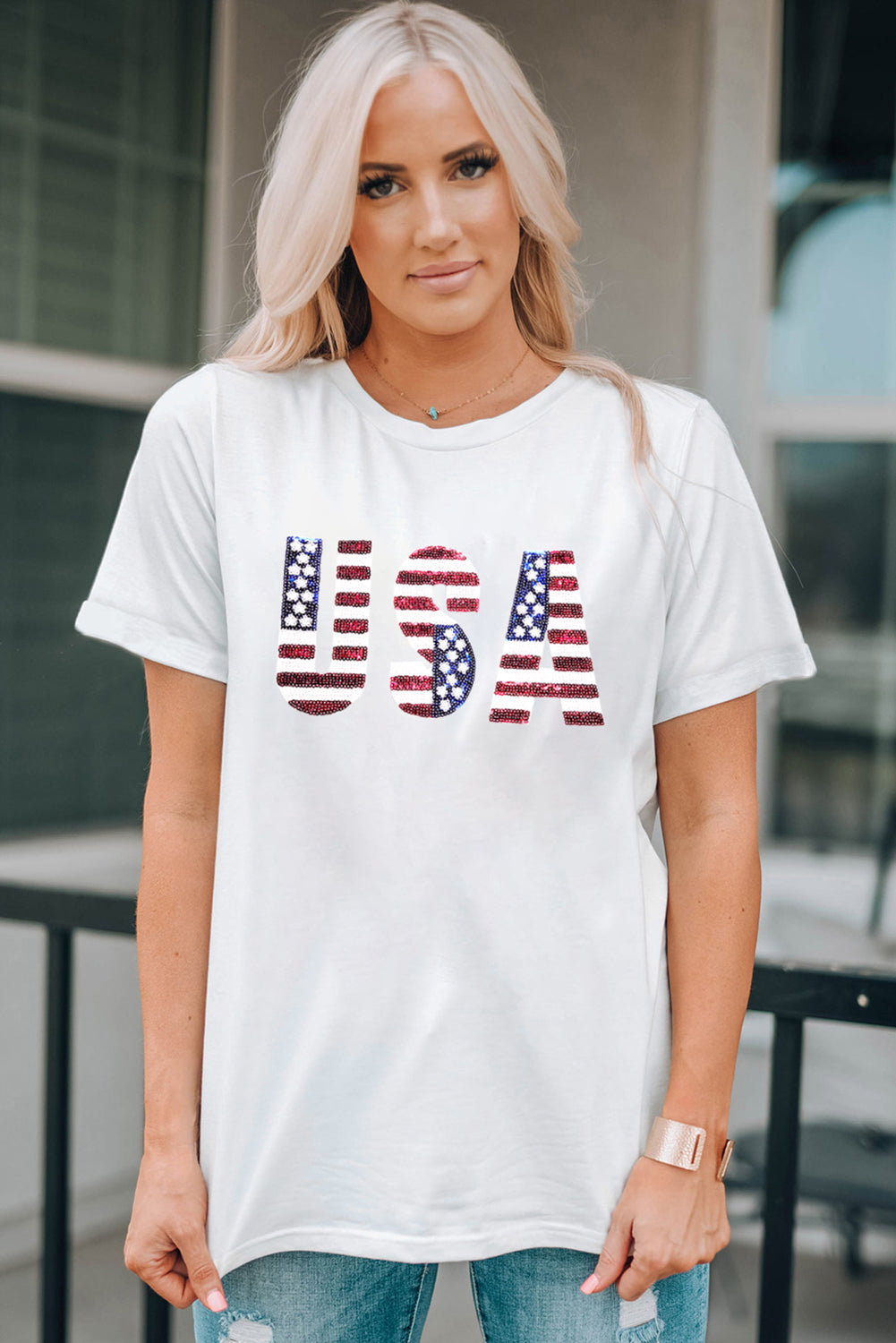 White USA Flag Sequin Patched Round Neck T Shirt Graphic Tees JT's Designer Fashion