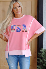 Peach Blossom USA Color Block High Low Crew Neck T Shirt Graphic Tees JT's Designer Fashion