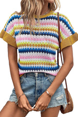 Khaki Trimmed Ruffle Sleeve Colorful Textured Sweater Sweaters & Cardigans JT's Designer Fashion