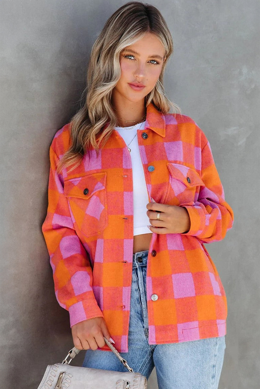Orange Plaid Chest Pockets Button-up Turn Down Collar Jacket Jackets JT's Designer Fashion