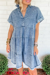 Sky Blue Acid Wash V Neck Tiered Denim Dress Dresses JT's Designer Fashion