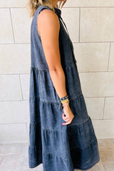 Real Teal Sleeveless Tiered Chambray Maxi Dress Dresses JT's Designer Fashion