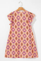 Orange Geometric Floral V Neck Buttoned Ruffled Sleeve Mini Dress Mini Dresses JT's Designer Fashion