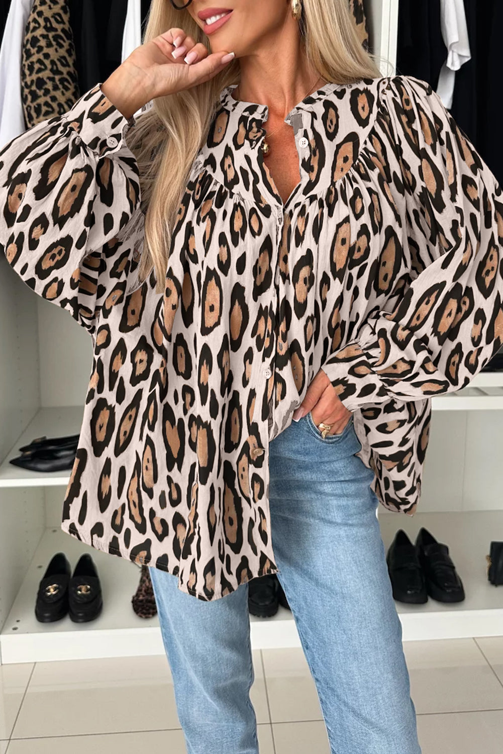 Jet Stream Oversized Leopard Print Balloon Sleeve Casual Shirt Jet Stream 100%Polyester Blouses & Shirts JT's Designer Fashion