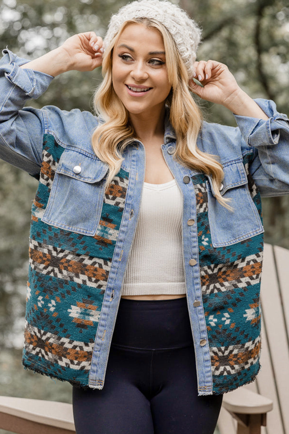 Blue Aztec Printed Denim Jacket Denim Jackets JT's Designer Fashion