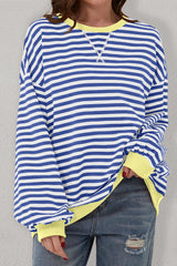 Blue Stripe Oversized Contrast Trim Pullover Sweatshirt Sweatshirts & Hoodies JT's Designer Fashion