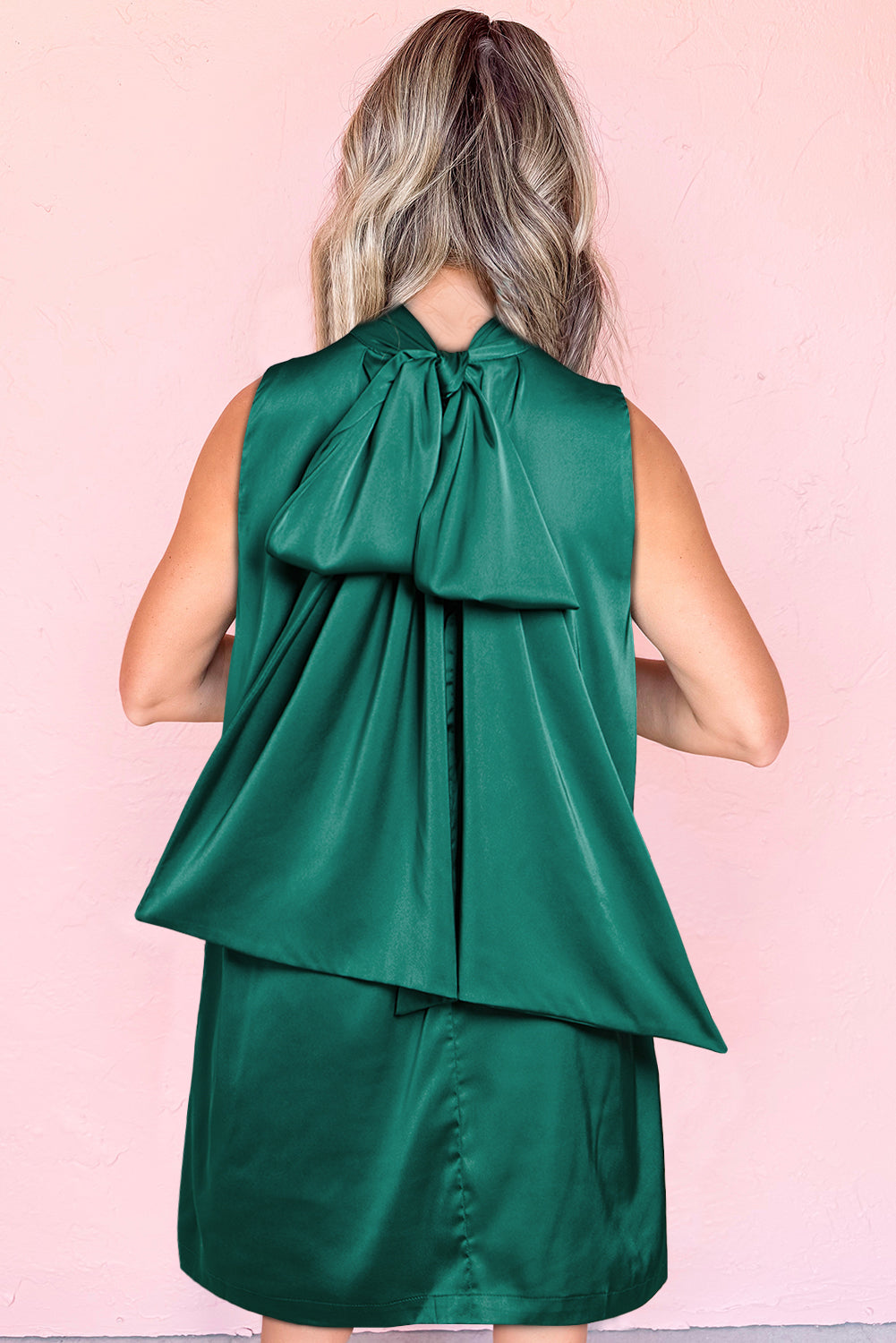 Evergreen Bow Tie Satin Shift Sleeveless Mini Dress Mini Dresses JT's Designer Fashion