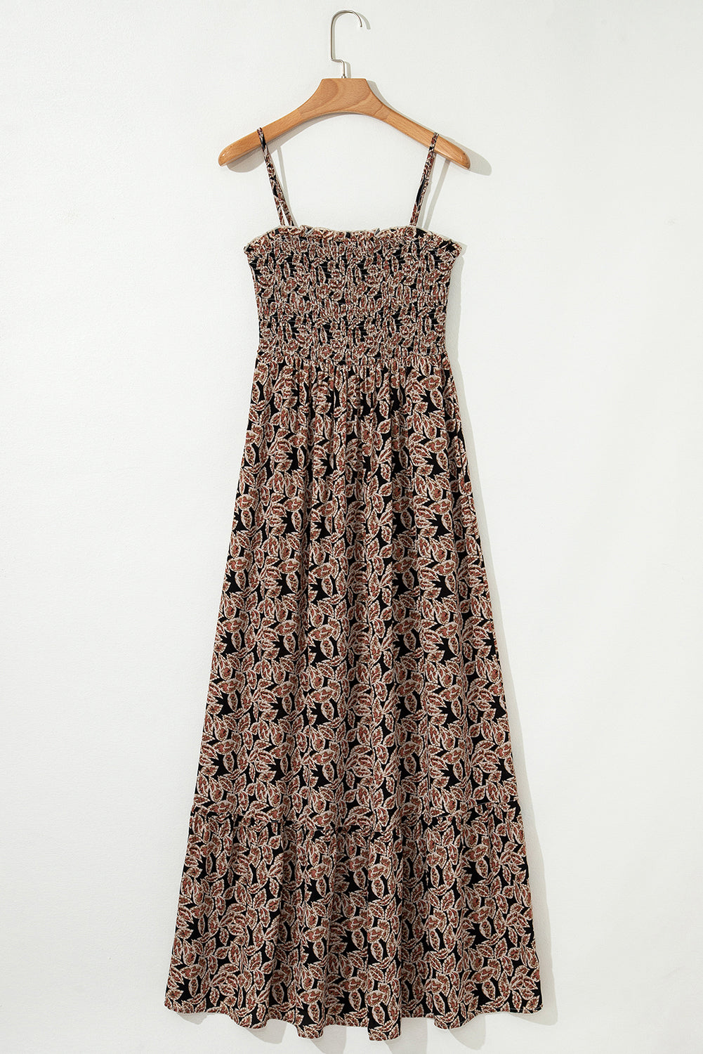 Brown Floral Smocked Bodice High Waist Flowy Sun Dress Floral Dresses JT's Designer Fashion