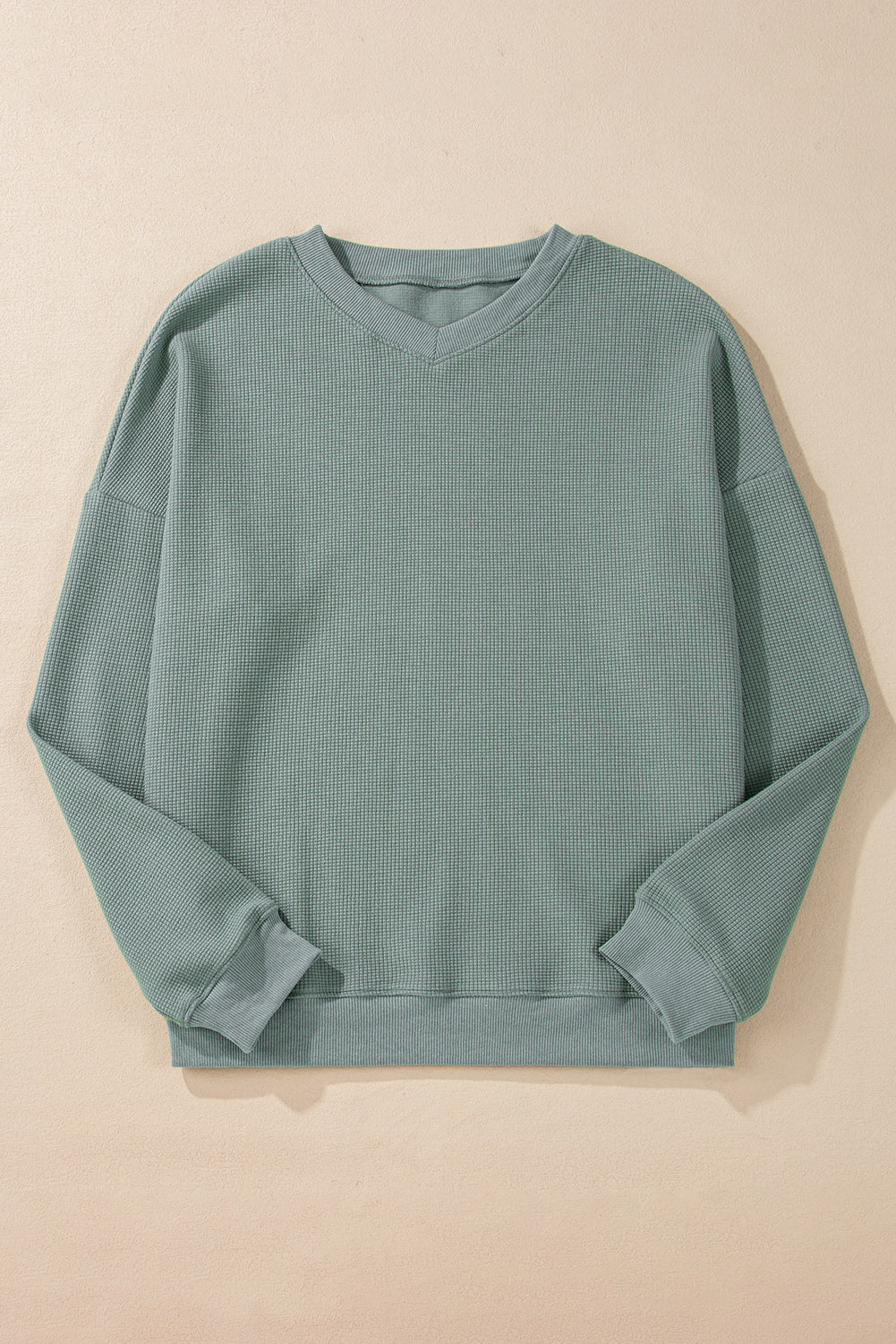 Clearly Aqua Waffle Knit Drop Shoulder V Neck Top Long Sleeve Tops JT's Designer Fashion