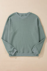 Clearly Aqua Waffle Knit Drop Shoulder V Neck Top Long Sleeve Tops JT's Designer Fashion