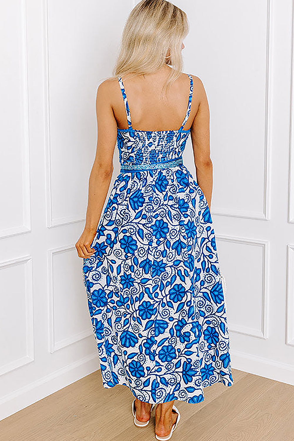 Blue Floral Printed Spaghetti Strap Maxi Dress with Waist Tie Floral Dresses JT's Designer Fashion
