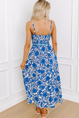 Blue Floral Printed Spaghetti Strap Maxi Dress with Waist Tie Floral Dresses JT's Designer Fashion