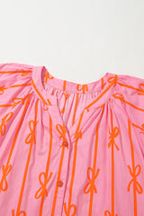 Pink Bowknot Striped Printed Bubble Sleeve Buttoned Belted Mini Dress Mini Dresses JT's Designer Fashion