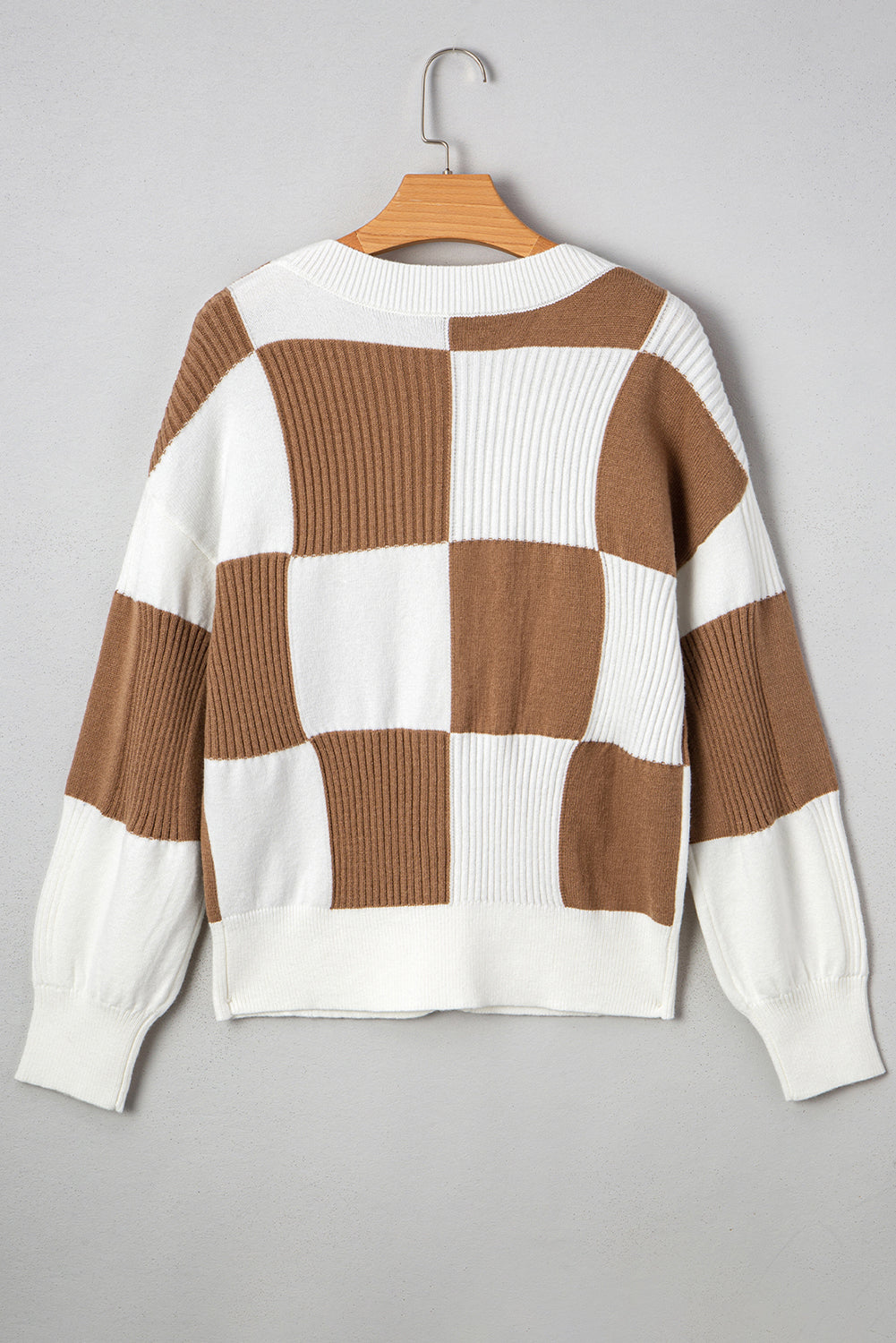 Khaki Checkered Pattern Ribbed Detail Button V Neck Sweater Cardigan Cardigans JT's Designer Fashion